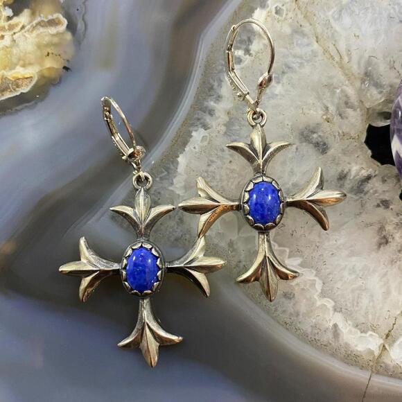 Carolyn Pollack Southwestern Style Sterling Lapis Squash Blossom Dangle Earrings - Picture 2 of 10